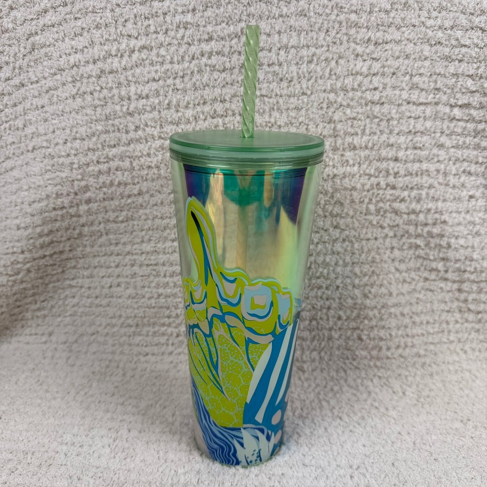 Starbucks Iridescent Blue Green Botanical Tumbler 24 oz Reusable Green Straw Lid